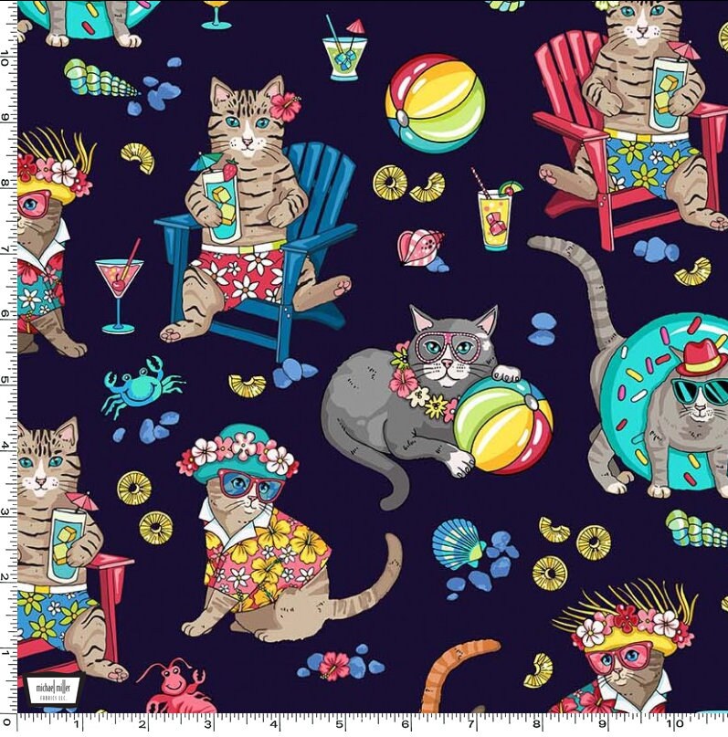 Cat Fabric - Beach Fabric - 100% Cotton Fabric - Navy Kitty Fabric Cat material Luau Party Fabric Vacation Cat Pool Floaty - SHIPS NEXT DAY