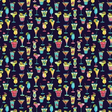 Cocktails fabric - Beach Cheers Fabric Navy - 100% Cotton - Beach Cats Collection - Tropical Drinks Beach Luau Vacation - SHIPS NEXT DAY