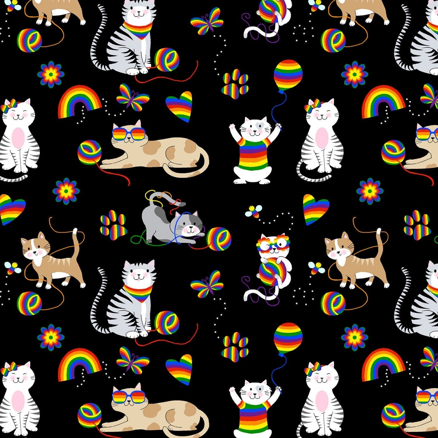 Cat Fabric by the yard - Meow Playtime Kitty - 100% Cotton material by Freckle & Lollie - multicolor rainbow kittens - Ships NEXT DAY