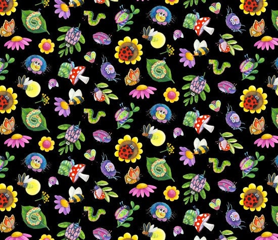 Cute Insect Fabric - 100% cotton - Elizabeth's Studio - Gardening fabric Spider Butterfly Ladybug Beetle Fly Mushroom - SHIPS NEXT DAY