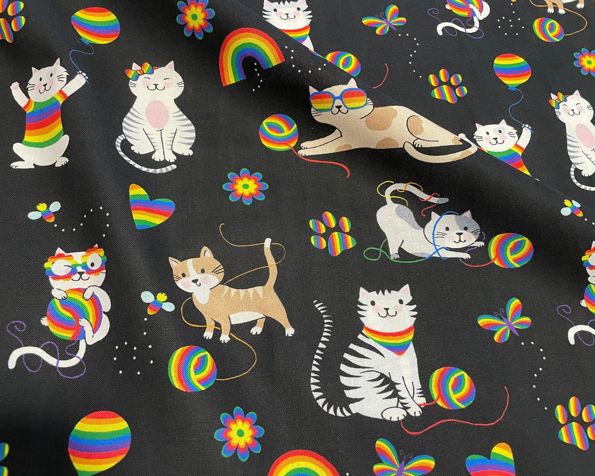 Cat Fabric by the yard - Meow Playtime Kitty - 100% Cotton material by Freckle & Lollie - multicolor rainbow kittens - Ships NEXT DAY