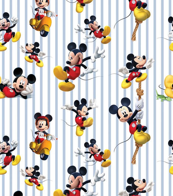 Mickey Mouse Stripe Fabric - Disney Funhouse Stripe - 100% Cotton Fabric - Mickey climbing rope Mickey moped Mickey dancing - SHIPS NEXT DAY