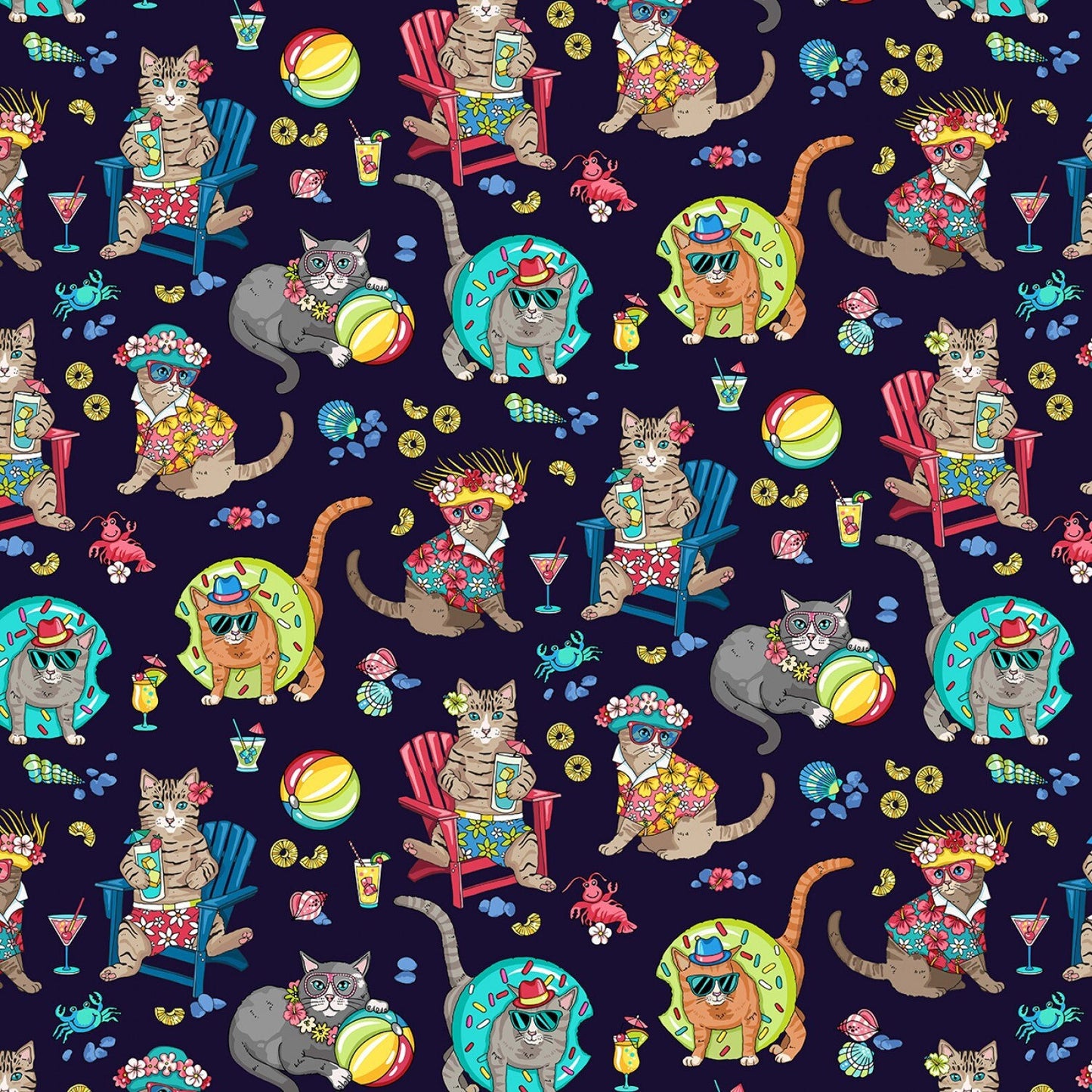 Cat Fabric - Beach Fabric - 100% Cotton Fabric - Navy Kitty Fabric Cat material Luau Party Fabric Vacation Cat Pool Floaty - SHIPS NEXT DAY