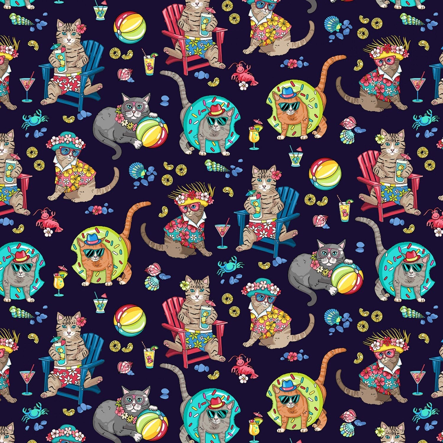 Cat Fabric - Beach Fabric - 100% Cotton Fabric - Navy Kitty Fabric Cat material Luau Party Fabric Vacation Cat Pool Floaty - SHIPS NEXT DAY