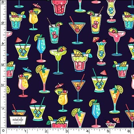 Cocktails fabric - Beach Cheers Fabric Navy - 100% Cotton - Beach Cats Collection - Tropical Drinks Beach Luau Vacation - SHIPS NEXT DAY