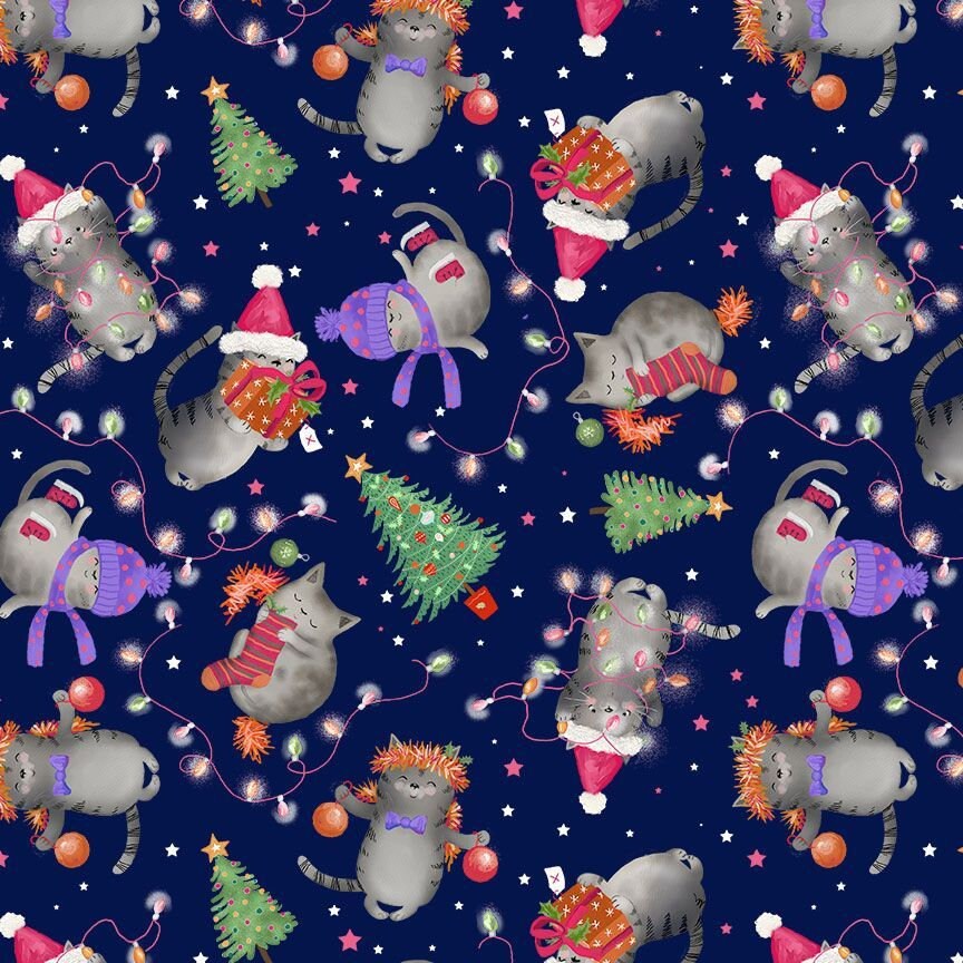 Christmas Cat Fabric - Holiday Cats - 100% cotton - Timeless Treasures - Grey cat Navy Holiday lights cat in hat - SHIPS NEXT DAY