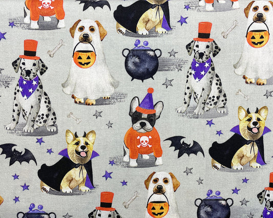 Dogs in Costumes Halloween Fabric - 100% Cotton Fabric by the yard - Halloween theme Dog Trick or Treat Frenchie Ghost Bat - Ships NEXT DAY