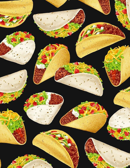 Taco fabric - Tossed Tacos by Timeless Treasures - 100% Cotton Fabric - Taco toss Food theme taco print fabric by the yard - Ships NEXT DAY