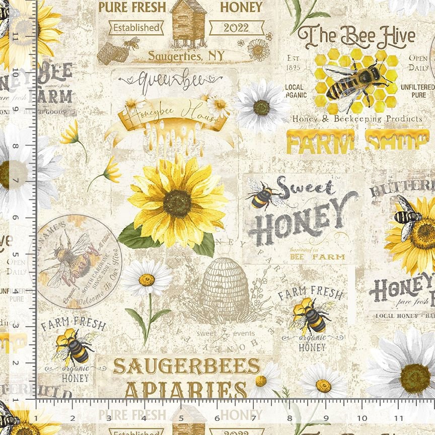 Honey Bee Farm fabric - Vintage Bee Farm Sign - Timeless Treasures - 100% Cotton Fabric - Bee Hive Queen Bee Apiaries - Ships NEXT DAY