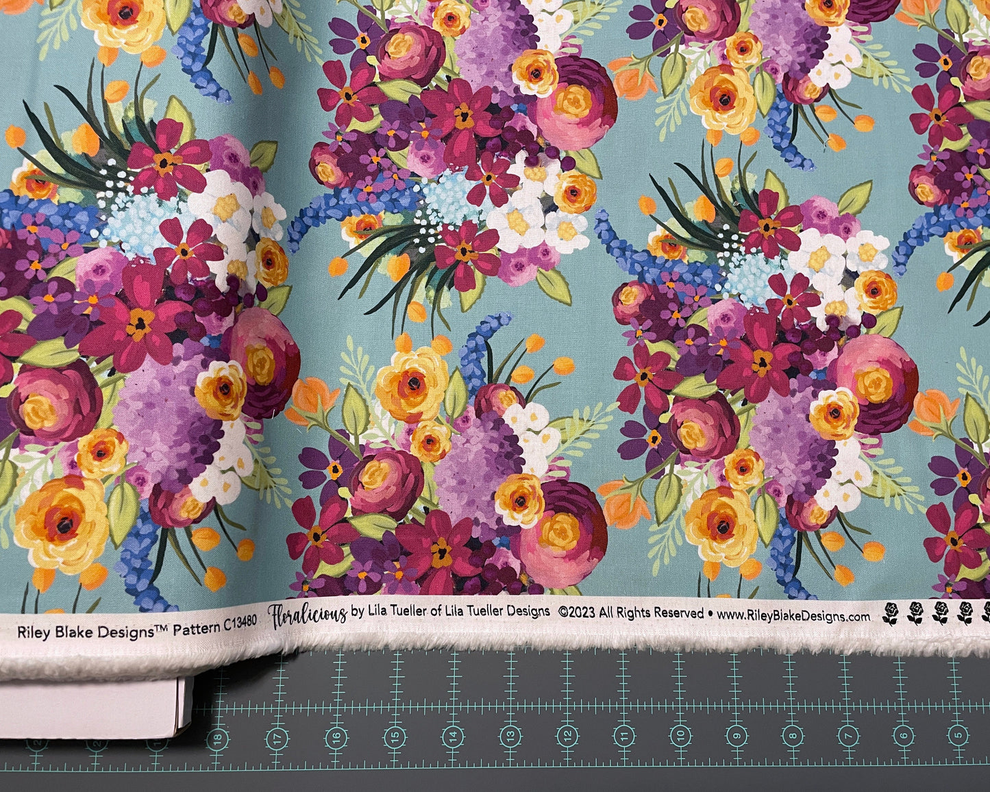 Floralicious Main Aqua - Riley Blake - 100% Cotton Fabric - Colorful Flower Fabric Modern Floral Bouquet - SHIPS NEXT DAY