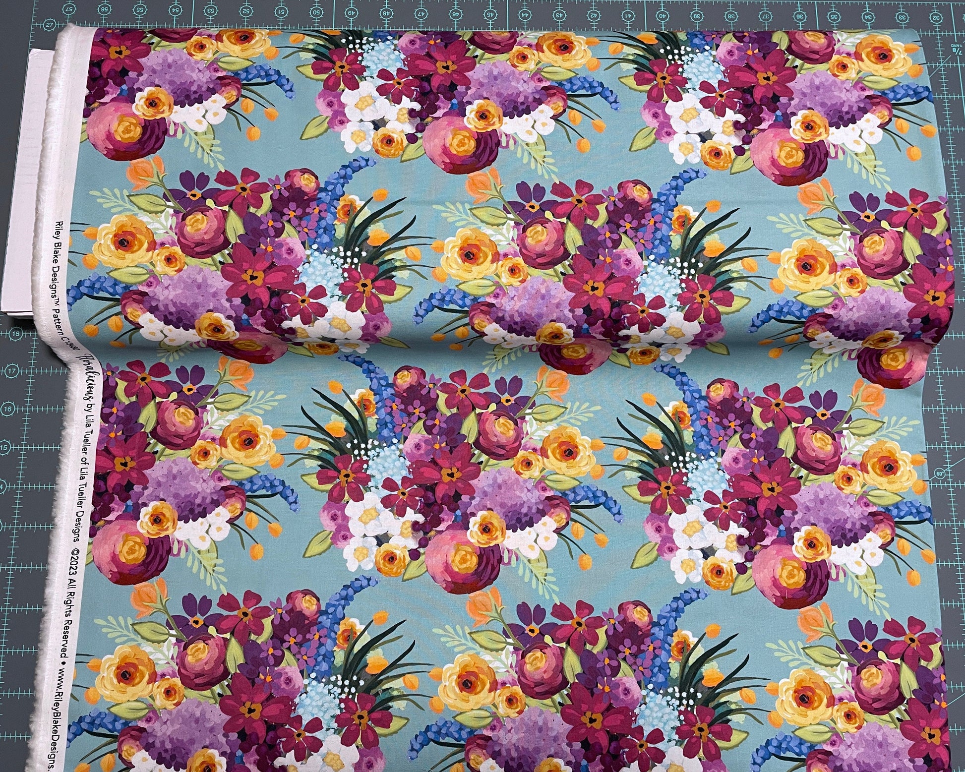 Floralicious Main Aqua - Riley Blake - 100% Cotton Fabric - Colorful Flower Fabric Modern Floral Bouquet - SHIPS NEXT DAY