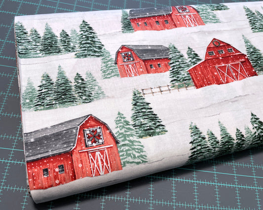 Red Barn Fabric - NEW! Country Cardinals Collection by Wilmington Prints - 100% woven cotton - Snowy Christmas Tree Farm - Ships NEXT DAY