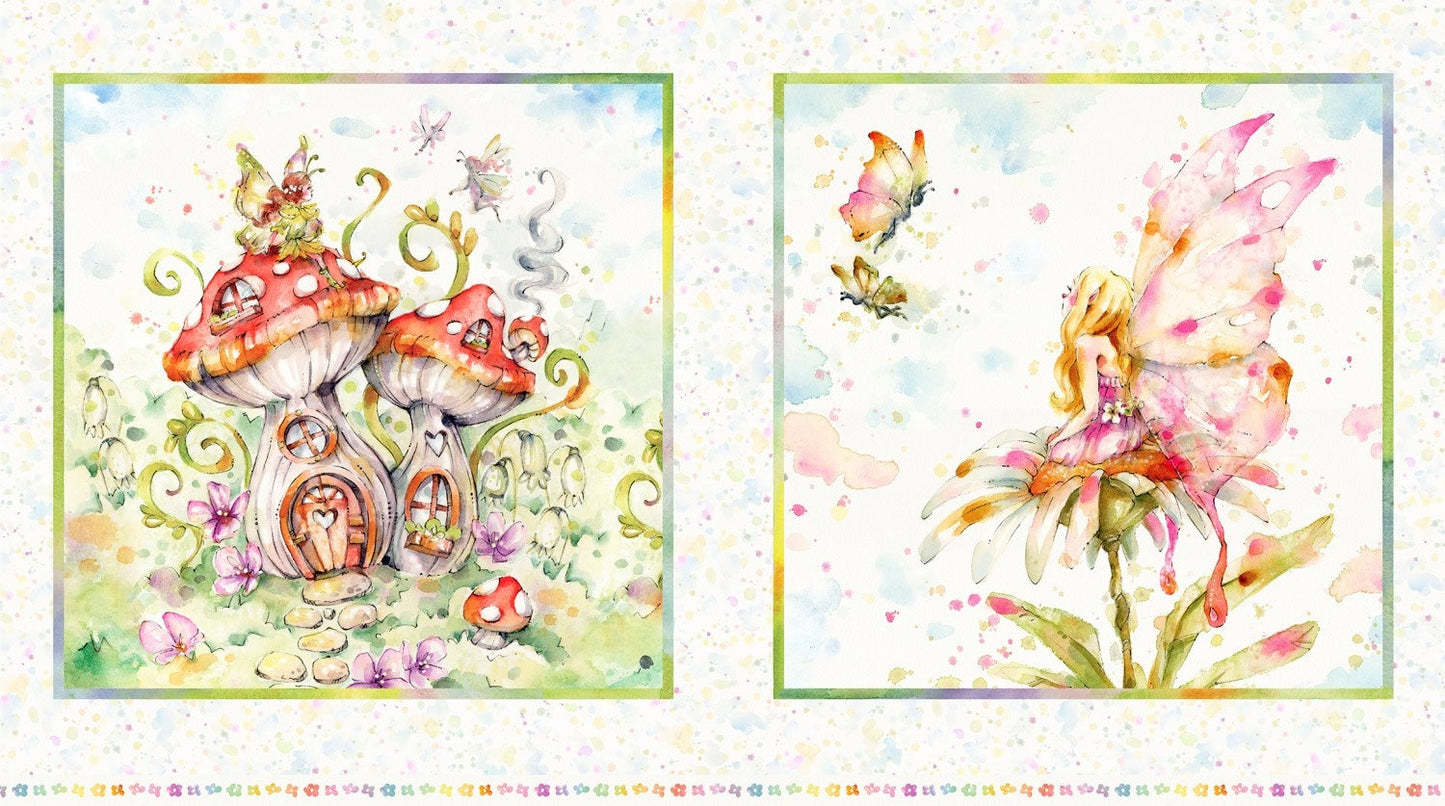 Fairy Panel - Fairy Garden Pillow Panel - 24" x 42" - 100% Cotton fabric - 2 Blocks - Multicolor Watercolor fairies - Ships Next Day