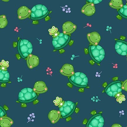 Turtle fabric - Ribbit - Frog Riding Turtle - 100% Cotton Fabric - Michael Miller - Children Nursery Animal Material - Ships NEXT DAY