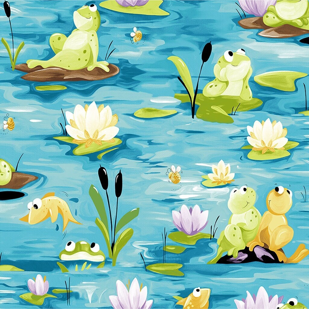 Frog fabric - Paul&#39;s Pond Allover Turquoise by Susybee - 100% Cotton Fabric - water lily fabric - Ships NEXT DAY