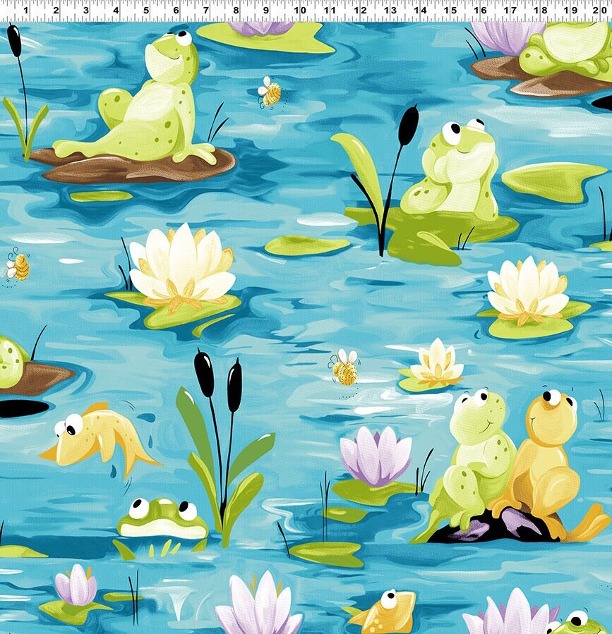 Frog fabric - Paul&#39;s Pond Allover Turquoise by Susybee - 100% Cotton Fabric - water lily fabric - Ships NEXT DAY