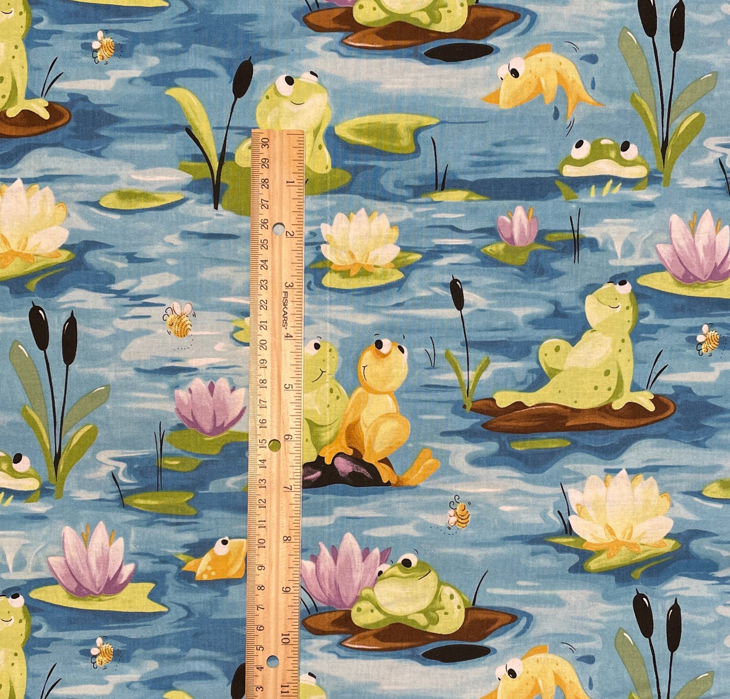 Frog fabric - FLAWED half yard - Paul's Pond Allover Turquoise by Susybee - 100% Cotton Fabric - water lily fabric