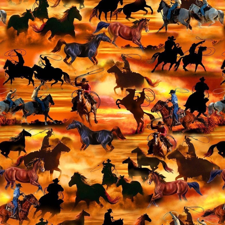 Horse Fabric - Range Riders Cowboys - Big Sky Country Collection - 100% Cotton - Country Western Rancher Roper Material - Ships NEXT DAY