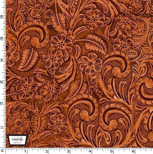 Tooled Leather COTTON Fabric - Redwood - Big Sky Country Collection - Not real leather - Faux leather floral Material - Ships Next Day