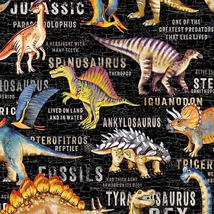 Dinosaur fabric by the yard - Dinosaur Land Black - Michael Miller Dinosaurs - 100% Cotton - Prehistoric Fossils Jurassic - Ships NEXT DAY