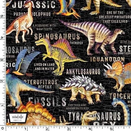 Dinosaur fabric by the yard - Dinosaur Land Black - Michael Miller Dinosaurs - 100% Cotton - Prehistoric Fossils Jurassic - Ships NEXT DAY