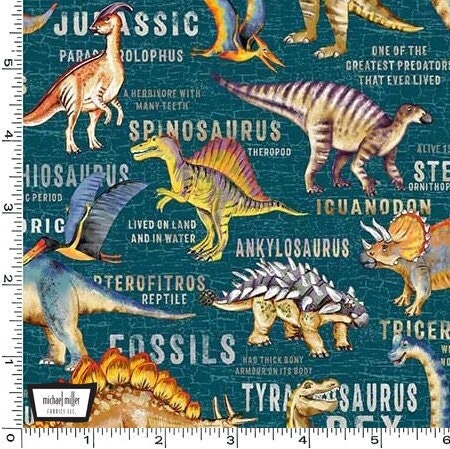 Dinosaur fabric by the yard - Dinosaur Land Teal - Michael Miller Dinosaurs - 100% Cotton - Prehistoric Fossils Jurassic - Ships NEXT DAY