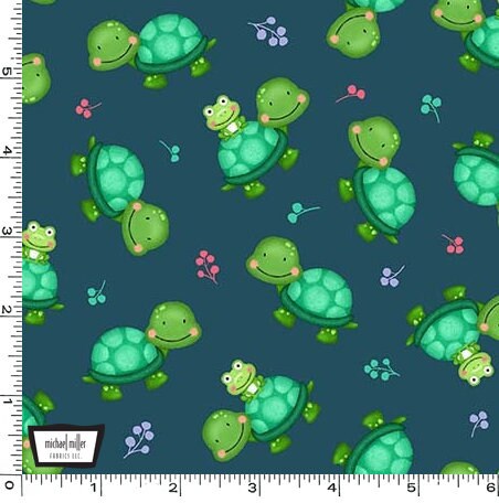 Turtle fabric - Ribbit - Frog Riding Turtle - 100% Cotton Fabric - Michael Miller - Children Nursery Animal Material - Ships NEXT DAY