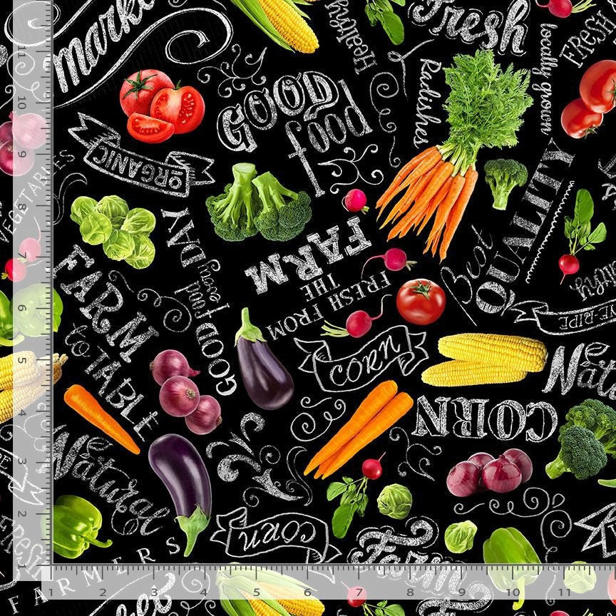 Vegetable Chalkboard Fabric - Farm Stand Collection by Timeless Treasures - 100% Cotton - Colorful veg print healthy vegan Quilting Cotton