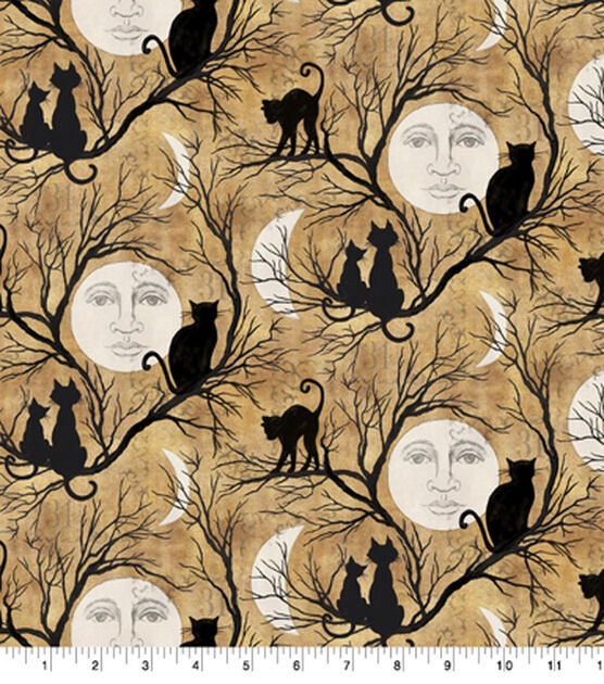 Cat Silhouette Halloween Fabric - by Susan Winget - 100% Cotton Fabric by the yard - Halloween Quilting Cat, Moon, Black Cat Quilt