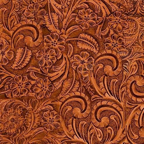 Tooled Leather COTTON Fabric - Redwood - Big Sky Country Collection - Not real leather - Faux leather floral Material - Ships Next Day