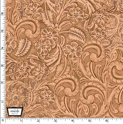 Tooled Leather COTTON Fabric - Caramel - Big Sky Country Collection - Not real leather - Faux leather floral Material - Ships Next Day