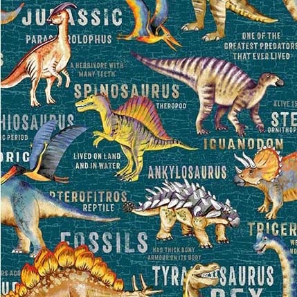 Dinosaur fabric by the yard - Dinosaur Land Teal - Michael Miller Dinosaurs - 100% Cotton - Prehistoric Fossils Jurassic - Ships NEXT DAY