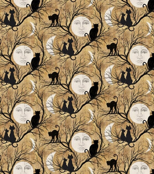 Cat Silhouette Halloween Fabric - by Susan Winget - 100% Cotton Fabric by the yard - Halloween Quilting Cat, Moon, Black Cat Quilt