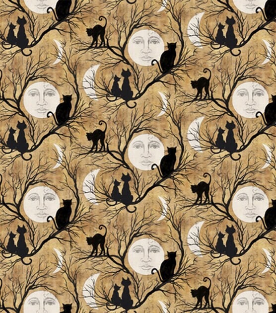 Cat Silhouette Halloween Fabric - by Susan Winget - 100% Cotton Fabric by the yard - Halloween Quilting Cat, Moon, Black Cat Quilt