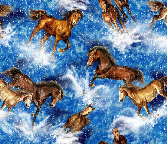 Horse Fabric - Tossed Horses Blue 596421 - Oasis Fabric - 100% Cotton - Animal Western Quilting Cotton - Horses in water - Horses splashing