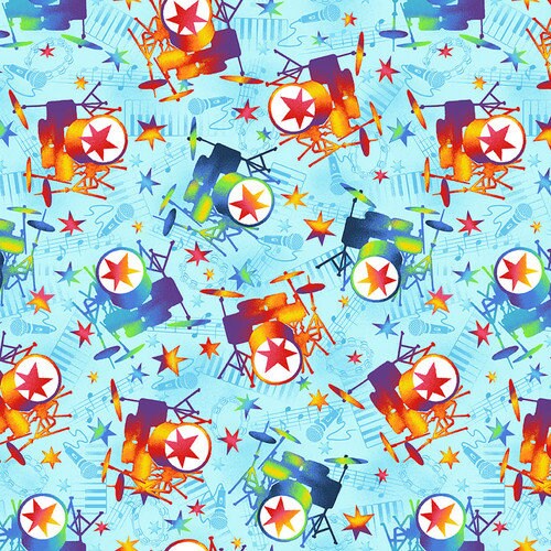 Drum Fabric - 7362-18 Blue/Red - Mew-sic Legends by StudioE - Multicolor drunk kit print by the yard - musician fabric rockstar drummer
