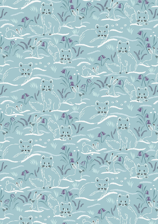 Arctic Fox and Rabbit Fabric - Haring Around on Arctic Blue - 100% Cotton - by Lewis & Irene - Winter Snow Animals - Snowshoe hare