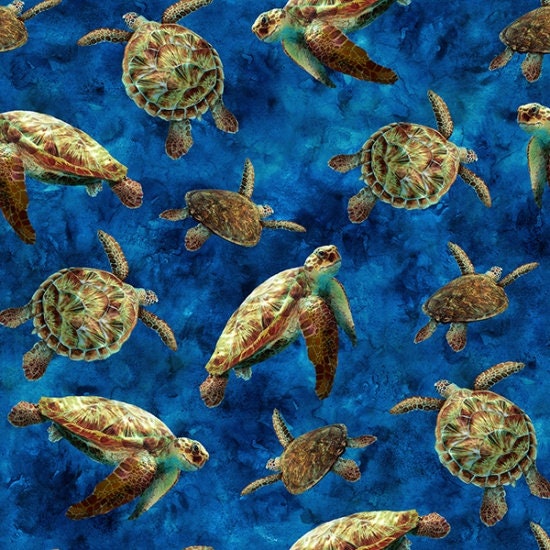 Sea Turtle Fabric - V5258-17-Cobalt - Tides of Color - Hoffman - 100% Cotton - Ocean theme Sea Life Tropical Vacation Scuba Diving Swimming