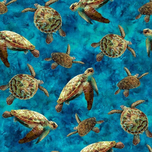 Sea Turtle Fabric - V5258-61-Turquoise - Tides of Color - Hoffman - 100% Cotton - Ocean Sea Life Tropical Vacation Scuba Diving Swimming