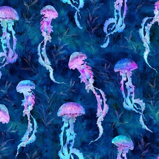 Jellyfish Fabric - V5259-17-Cobalt - Tides of Color - Hoffman - 100% Cotton - Ocean theme Sea Life Tropical Vacation Scuba Diving Swimming