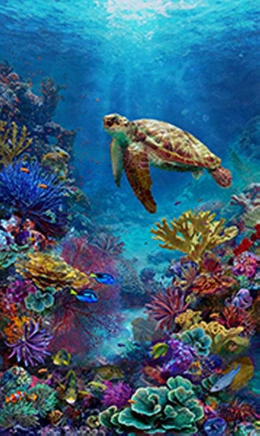 Sea Turtle Fabric PANEL - Measures 26.25 x 43" - Tides of Color - Hoffman - 100% Cotton - Ocean theme Sea Life Tropical Scuba Diving