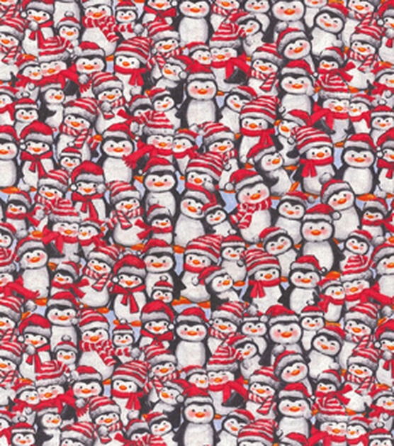 Penguin Christmas Fabric with Glitter - 100% cotton fabric - Red Packed Penguin Friends Glitter Christmas Cotton Fabric