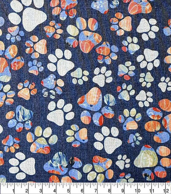 Paw Print fabric - Multicolor Paw Prints on Navy - Dog Paw Cat Paw - Colorful Dog Fabric