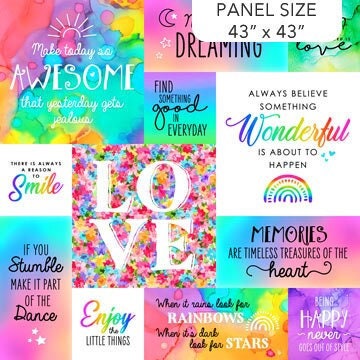 Inspired Panel - 43" Square - 100% cotton fabric - Inspirational Words - Be positive - Enjoy Little Things - Happy - Multicolored Rainbow