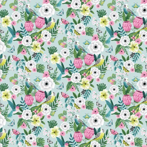 Floral Bird Fabric - Tropical Menagerie - 7380-11 Seaglass - 100% cotton - StudioE - Hummingbird Fabric Butterfly Fabric Floral