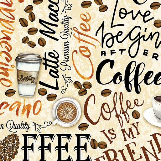 Coffee fabric - Fresh Brewed Words Cream by Benartex - 100% Cotton - Cafe theme Americano Latte Mocha Hot Coffee Quilting Cotton