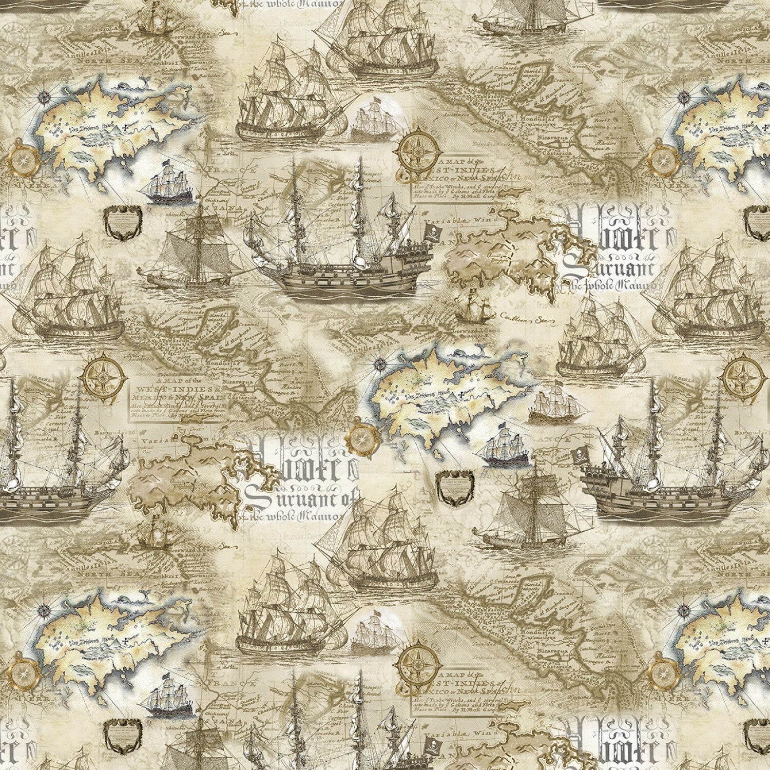 Treasure Map Fabric - Benartex Top Shelf collection - 100% Cotton - Sailboat Pirate Ship Treasure Hunter quilting cotton