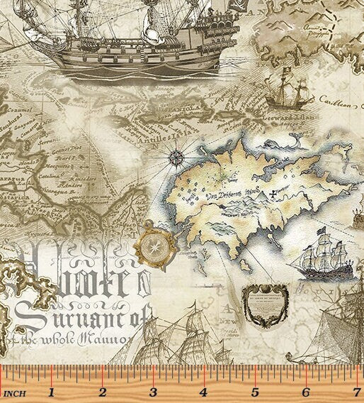 Treasure Map Fabric - Benartex Top Shelf collection - 100% Cotton - Sailboat Pirate Ship Treasure Hunter quilting cotton