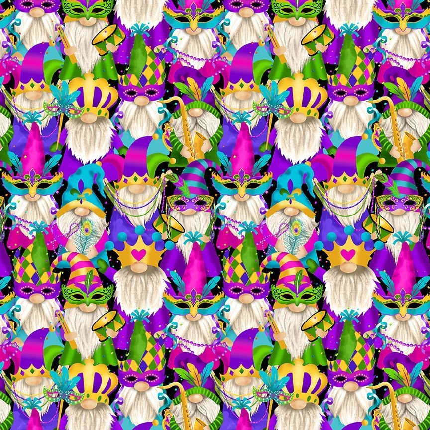 Mardi Gras Gnomes Fabric - Timeless Treasures - 100% cotton - Mardi Gras Parade Collection - Carnival French Quarter New Orleans