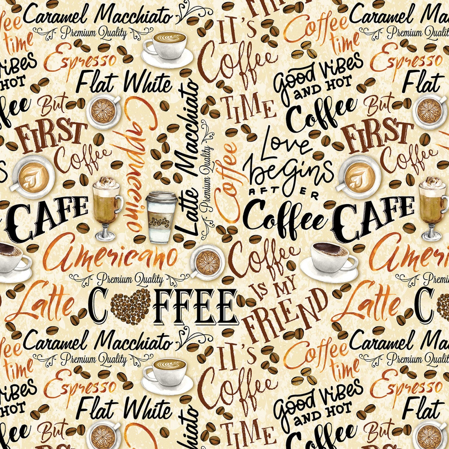 Coffee fabric - Fresh Brewed Words Cream by Benartex - 100% Cotton - Cafe theme Americano Latte Mocha Hot Coffee Quilting Cotton